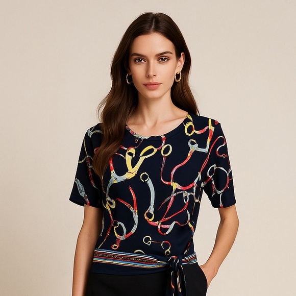 Rafaella Blue and Red Relaxed Tie Front Blouse - Picture 1 of 11